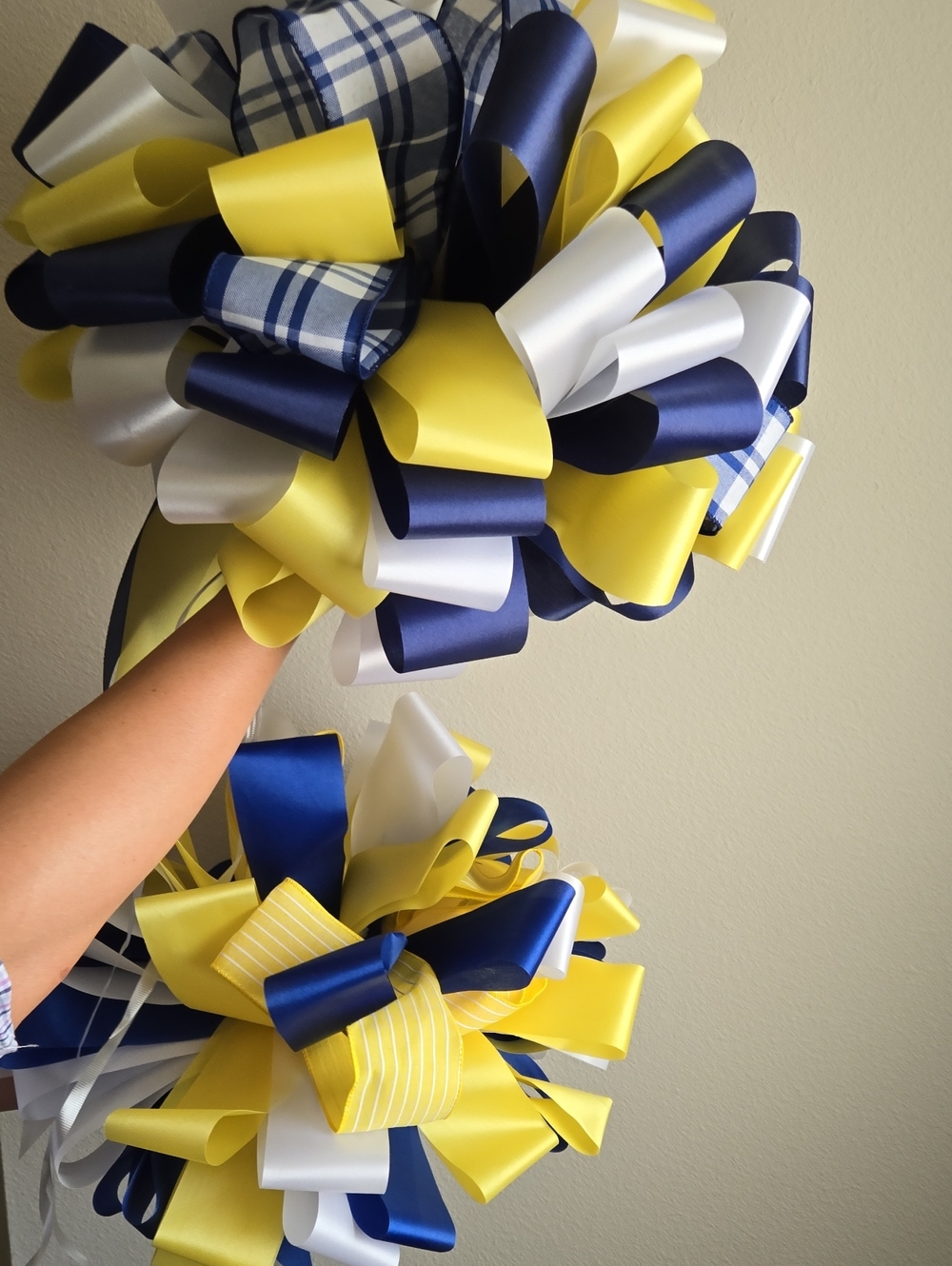 2x Huge Ribbon Bows Navy, Yellow & White Navy Yellow White Party Pom Bows XL
